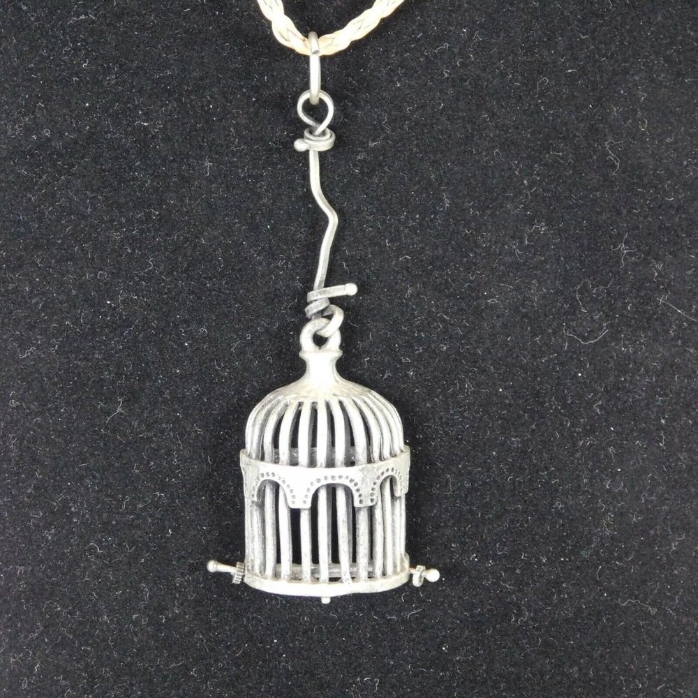 Birdcage Pendant Necklace Handmade Antique Silver Tone Brown Braid Leather Cord
